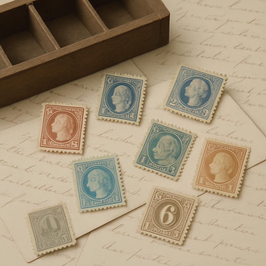 Verspreid aangetroffen postzegels in verschillende kleuren op een witte achtergrond.